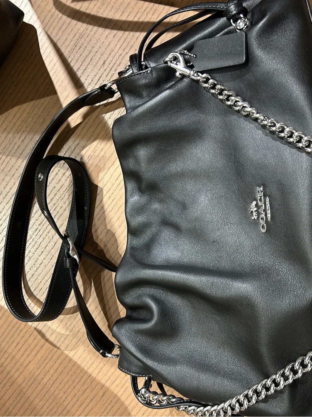 Coach Black calf  Leather cloud Shoulder Bag with Silver Chain  new